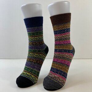 Womens Colorful Nordic Striped Crew Socks Set 2 Black Brown Blue